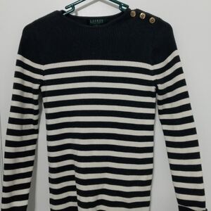 Lauren Ralph Lauren Gray Whit Striped Long Sleeve Stretchy Sweater Petite Small